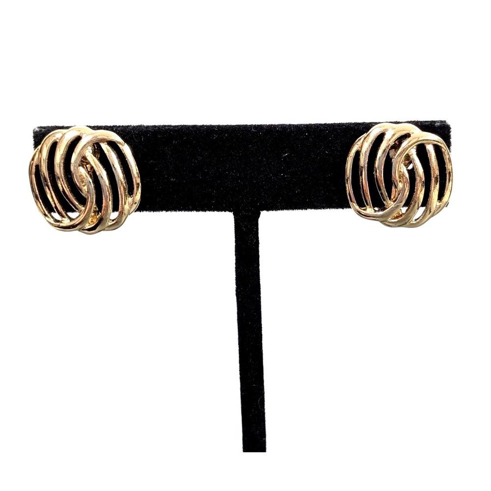 Vintage JJG Gold Tone Interlocking Round Open Metal Work Knot Clip On Earrings‎